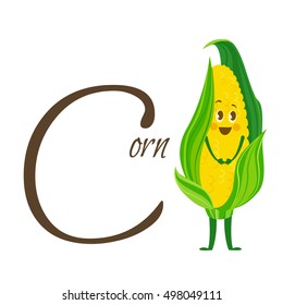 Fruits and vegetables alphabet. Vector illustration with funny characters. Great for kids education. Letter C for Corn