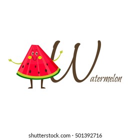Fruits and vegetables alphabet. Vector illustration with funny characters. Great for kids education. Letter W for Watermelon