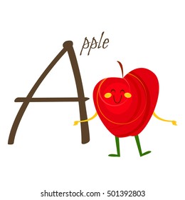 Fruits and vegetables alphabet. Vector illustration with funny characters. Great for kids education. Letter A for Apple
