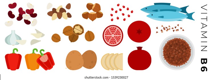 Fruits, Vegetables and Animal Products with vitamin B6 vector flat icons set with buckwheat, hazelnut, walnuts, potatoes, beans, paprika, garnet. Isolated on white background.