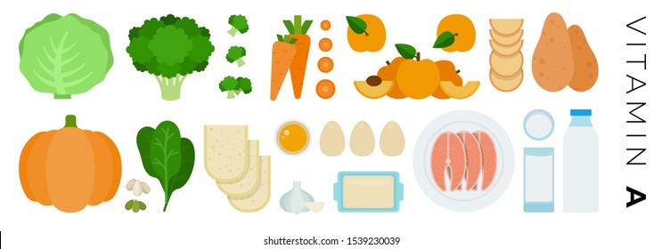 Fruits, Vegetables and Animal Products with vitamin A vector flat icons set with cabbage, spinach, apricot, eggs, broccoli, pumpkin, cheese, potatoes. Isolated on white background.