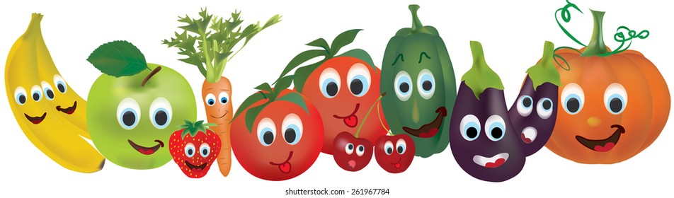 Fruits And Vegetables With Animated Faces. Banana, Apple, Pepper, Tomatoes, Carrot, Strawberry