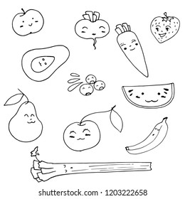 Fruits and vegetables in anime style with eyes.