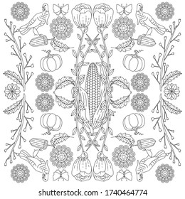 Fruits, vegetables, autumn doodle. Reflect Symmetry background. Autumn seamless pattern with pumpkin, leaves, branches, corn, butterfly, chestnut, acorn, hen, birds, and flowers.