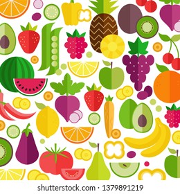 Fruits and vegetables background. Organic and healthy food. Flat style, vector illustration.