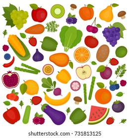 Fruits and vegetables background. Organic and healthy food. Flat style, vector illustration.