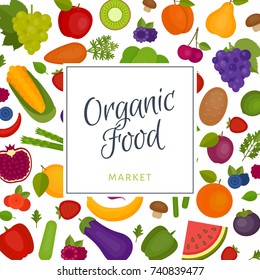 Fruits and vegetables background. Organic and healthy food. Flat style, vector illustration.