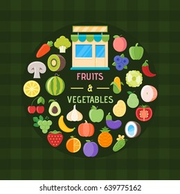 Fruits and vegetables banner. Design template with icons of breads and desserts. Vector illustration