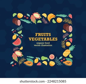 Fruits and vegetables banner. Graphic element for website. Natural and organic products. International vegetarian diet and food celebration, proper nutrition. Cartoon flat vector illustration