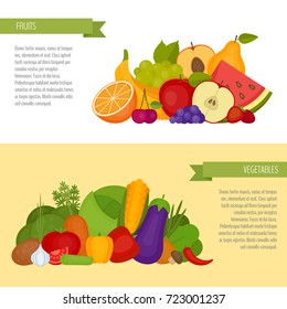 Fruits and vegetables banner. Healthy food. Flat style, vector illustration.