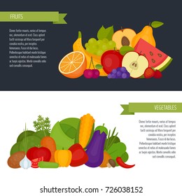 Fruits and vegetables banner. Healthy food. Flat style, vector illustration.