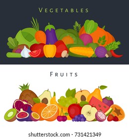 Fruits and vegetables banner. Healthy food. Flat style, vector illustration.
