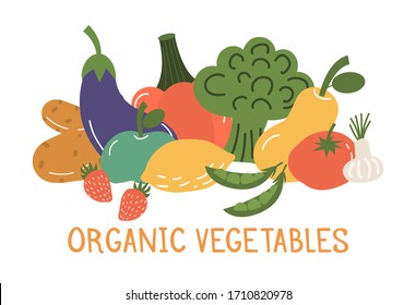 Fruits and vegetables banner vector illustration. Hand drawn organic vecetarian healthy food. Fresh natural market nutrition. Shopping grocery vegetable and fruit. Summer harvesting organic farm.