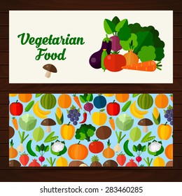 Fruits and vegetables banners. Colorful template for cooking, restaurant menu and vegetarian food