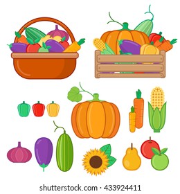 Fruits and vegetables in basket and  wooden box. Organic food illustration in flat style