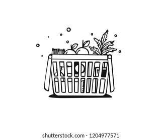 Frutas y verduras en canastas, Ilustración vectorial.