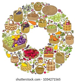A lot of fruits, vegetables and berries in baskets. Cartoon vector hand drawn abstract still life illustration. Round frame composition