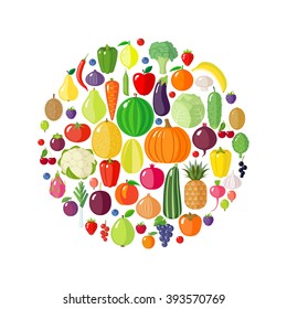 Fruits, vegetables and berries in circle shape.  Modern flat style. Healthy eating concept. 