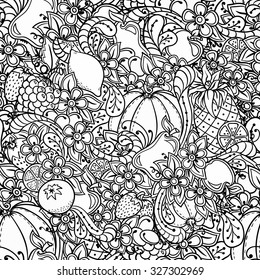 Fruits, vegetables, berries doodle. Healthy food background. Autumn seamless pattern with pumpkin, orange, apple, pear, cherry, strawberry, lemon, pineapple, grapes, plums and flowers. 