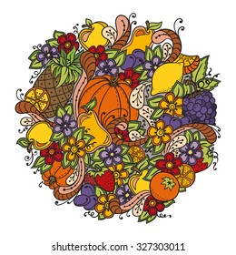 Fruits, vegetables, berries doodle. Healthy food background. Autumn pattern with pumpkin, orange, apple, pear, cherry, strawberry, lemon, pineapple, grapes, plums and flowers. 