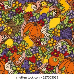 Fruits, vegetables, berries doodle. Healthy food background. Autumn seamless pattern with pumpkin, orange, apple, pear, cherry, strawberry, lemon, pineapple, grapes, plums and flowers. 
