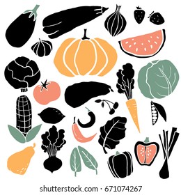 Fruits, vegetables and berries flat icons set: watermelon, cherry, strawberry, lemon, apple, pear, onion, tomato. Colorful design illustrations for web banners, printed materials, web sites