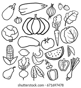 Fruits, vegetables and berries flat icons set: watermelon, cherry, strawberry, lemon, apple, pear, onion, tomato. Line art design illustrations for web banners, printed materials, web sites