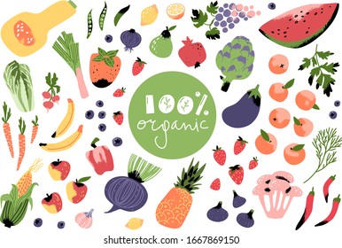 Fruits, vegetables and berries flat illustrations set. Exotic delicacy slices. Vegetarian food vector drawings pack. Natural dessert isolated cliparts. Juicy dessert, vitamin diet, organic meal