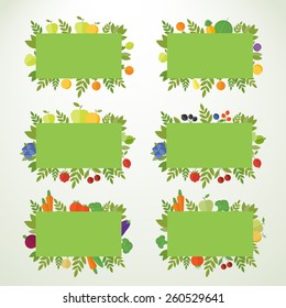 Fruits, vegetables and berries in frames, banners. Vector isolated elements for design in flat