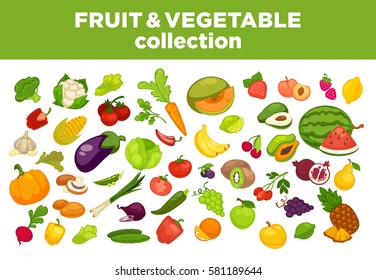 Fruits, vegetables and berries icons pumpkin, broccoli and apple or pear. Isolated flat onion, radish or beet and garlic. Vector set of cauliflower, eggplant zucchini, cherry or strawberry and grape