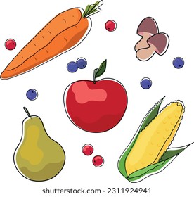 Frutas, verduras y bayas aisladas de fondo blanco. Ilustración del vector