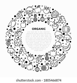 Fruits, vegetables, berries and nuts concept in circle with thin line icons: pineapple, apple, avocado, cabbage, carrot, cherry, coconut, broccoli. Healthy vegan food. Vector illustration.