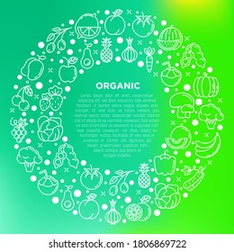 Fruits, vegetables, berries and nuts concept in circle with thin line icons: pineapple, apple, avocado, cabbage, carrot, cherry, coconut, broccoli. Healthy vegan food. Vector illustration.