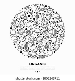 Fruits, vegetables, berries and nuts concept in circle with thin line icons: pineapple, apple, avocado, cabbage, carrot, cherry, coconut, broccoli. Healthy vegan food. Vector illustration.