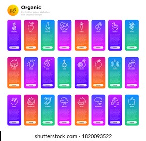 Fruits, vegetables, berries and nuts thin line icons set: pineapple, apple, avocado, cabbage, carrot, cherry, coconut, grapes, tomato, broccoli. Vector illustration.