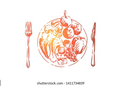 Fruits, vegetables and berries on plate, natural lunch, delicious organic meal, vegan food, vitamin diet. Healthy nutrition, vegetarian lifestyle concept sketch. Hand drawn vector illustration