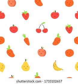 Fruits, vegetables, berries seamless vector pattern. Cute fruits with funny faces. Pomegranate, apple, carrot, pear, orange, strawberry, lemon, banana, mango. Vector stock illustration.