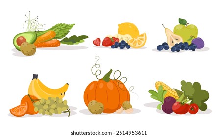 Fruits vegetables berries set. Banana, grape and tomato. Avocado, carrots and potato. Pear, blueberry and plum. Corn and raddish, pumpkin. Flat vector collection isolated on white background