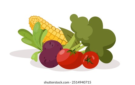 Fruits vegetables berries set. Raddish, corn and tomato, broccoli. Natural and organic products with vitamins. Healthy eating. Flat vector collection isolated on white background