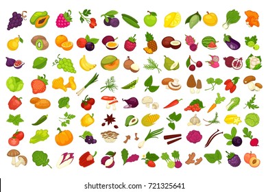 Fruits, vegetables, berries and spices or mushrooms vector isolated icons set