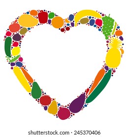 Fruits, vegetables and berries that form a colorful heart shaped frame to write something into it. Isolated vector illustration over white background.