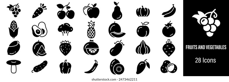 Fruits, Vegetables and Berries Web Icons. Bunch of Grapes, Strawberries, Watermelon, Potato, Cherry. Vector in Line Style Icons