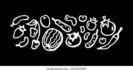 Fruits vegetables and berries, white illustration on a black background
