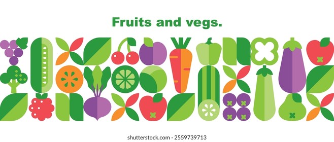 Fruits, vegetables and berries.Abstract geometric design.Banner template.Seamless pattern.Organic food.Set of simple icons in flat style.Elements isolated on white background.Vector illustration.