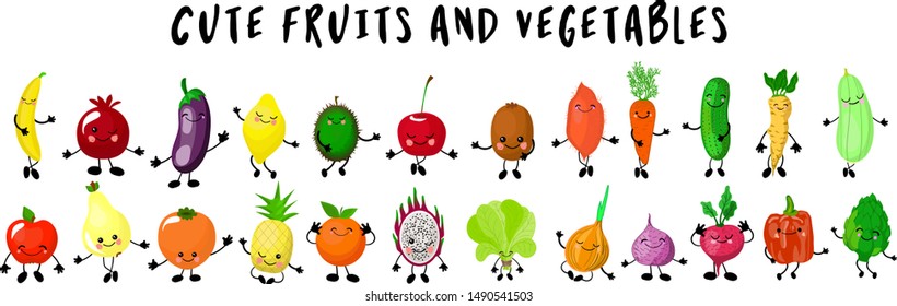 fruits and vegetables. Big collection of   characters gesturing and waving their hands.hite background. Different  mixed together Smiling 
