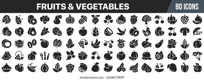 Fruits and vegetables black icons collection. Big UI icon set in a flat design. Vector illustration EPS10