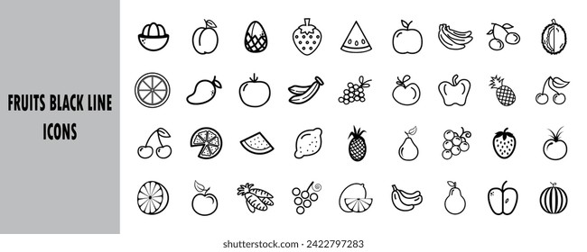 Fruits and vegetables black line icons. simple sign.