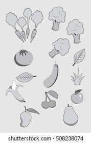 fruits and vegetables black white