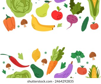 Fruits and Vegetables Border. Vegan Food. Hand Dawn Vector Illustration with Copy Space.