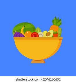 Fruits and vegetables in bowl vector icon